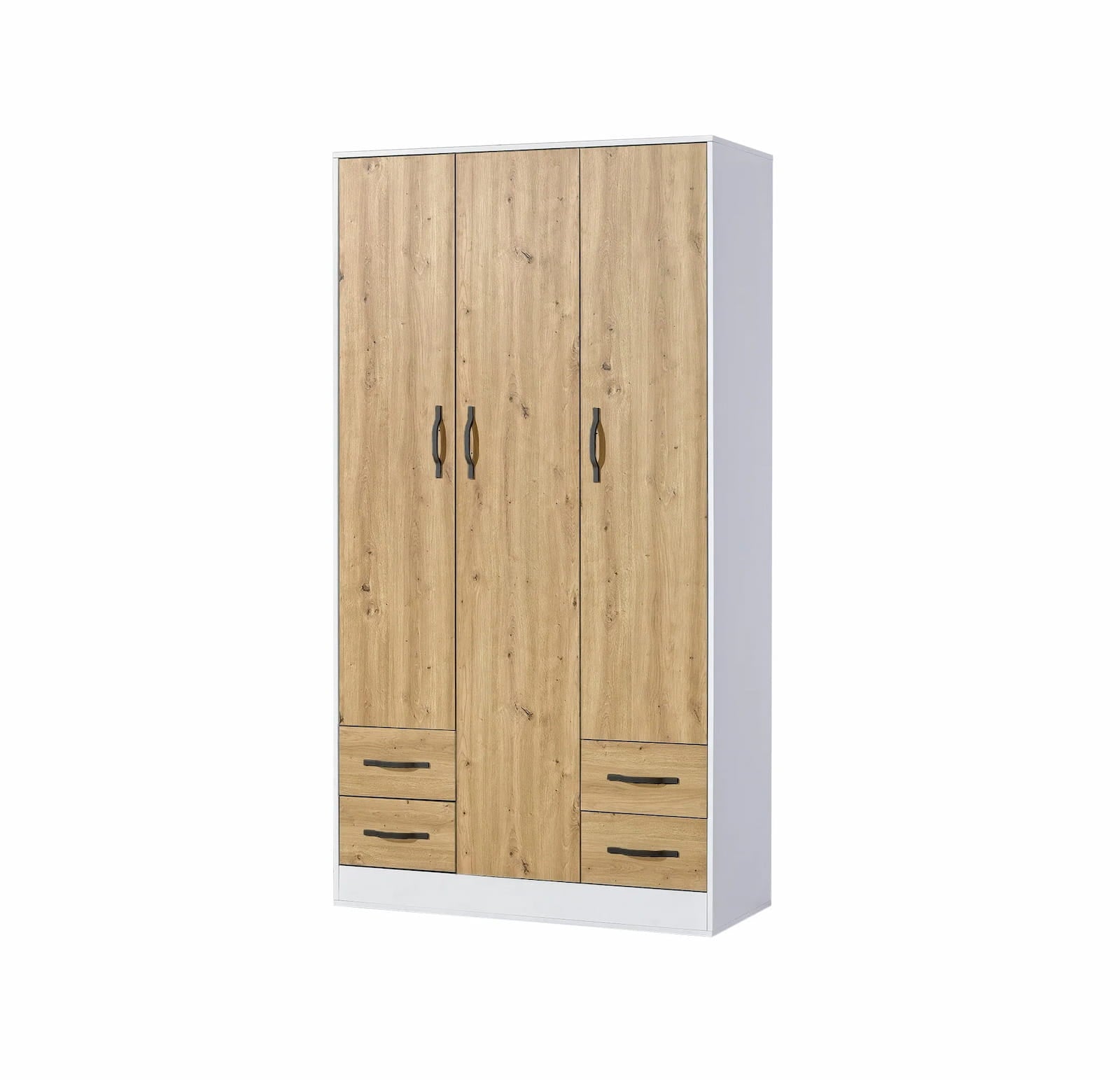 Contemporary 3-door wardrobe in oak wood finish with industrial black handles.