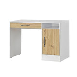Desk with drawer and cabinet – oak finish, black handles
