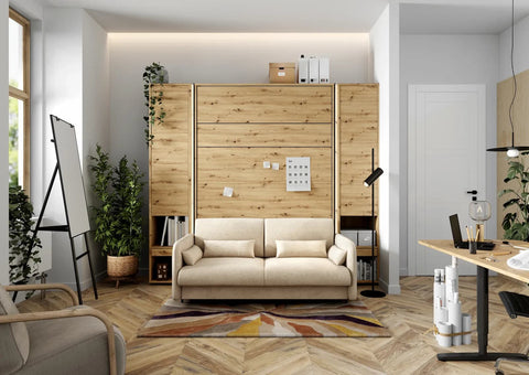 Double vertical wall bed with sofa and matching side wardrobes in Oak Artisan – complete space-saving living room set by Marmell Furniture