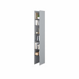 Slim tall bookcase side cabinet with six shelves in use, designed in a sleek uniform Grey finish, shown fully pulled out displaying organized items.