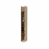 Slim tall bookcase side cabinet with six shelves in use, featuring an Oak Artisan outer frame and modern Black interior shelves, fully pulled out for easy storage access.