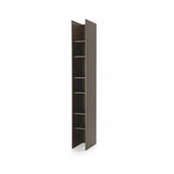 Slim tall bookcase side cabinet with six shelves in use, finished in natural Oak Dunin wood tone, smoothly pulled out alongside a matching wall bed system.
