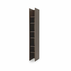 Slim tall bookcase side cabinet with six shelves in use, finished in natural Oak Dunin wood tone, smoothly pulled out alongside a matching wall bed system.
