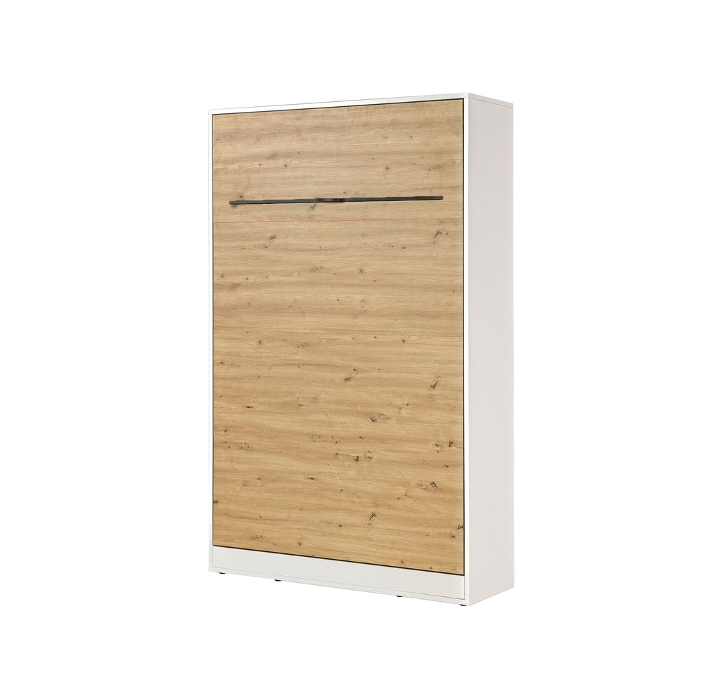 Small double vertical wall bed – oak finish, black metal handles, compact design