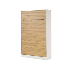 Small double vertical wall bed – oak finish, black metal handles, compact design