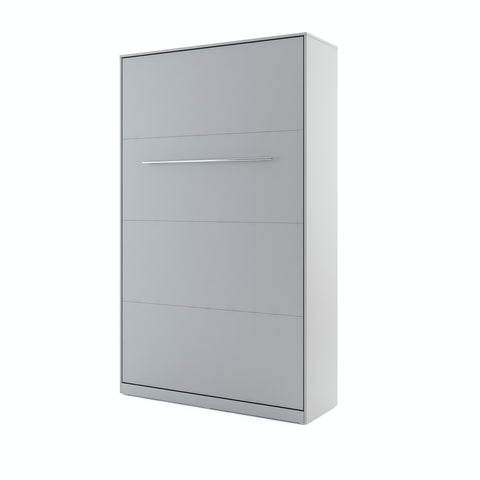 Small double vertical wall bed with spring mechanism – grey finish, closed view with metal handles