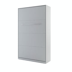 Small double vertical wall bed with spring mechanism – grey finish, closed view with metal handles