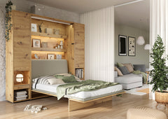 Wall bed open – Oak Artisan front, mattress extended, shown with upholstered seat and side cabinets