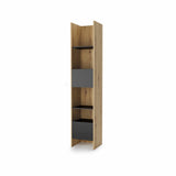 Modern high side cabinet in artisan oak finish with black front door and drawer, featuring open display shelves, closed view