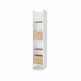 High bookcase side cabinet in white with artisan oak accents, featuring one hinged door, open shelves, and a bottom drawer, closed view