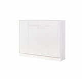 Closed double horizontal wall bed in all-white matt finish with matching white metal handles, presenting as a seamless modern cabinet