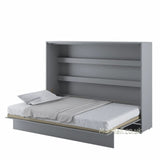 Grey double horizontal wall bed lowered down, showcasing a fully matching grey interior frame and integrated shelves.