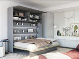 Grey double horizontal wall bed folded down, featuring a fully matching grey frame, inner shelves, and top storage cupboards.