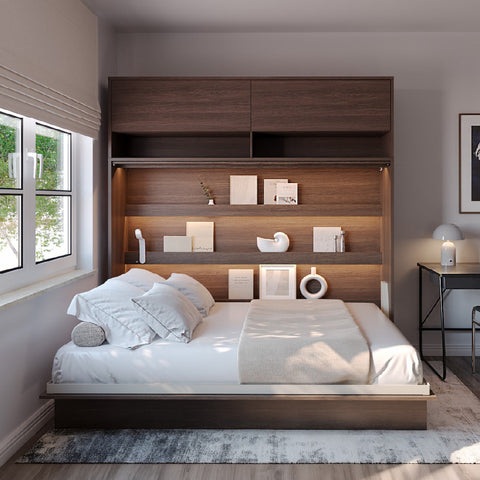 Open, double, horizontal wall bed with lift-up top door to reveal storage space in Oak Dunin.