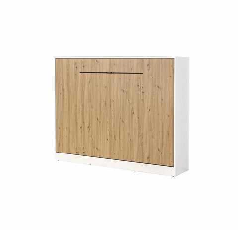 Closed double horizontal wall bed with white cabinet and oak front panels, equipped with industrial-style black handles for a minimalist look
