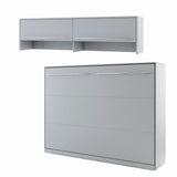 Minimalist grey horizontal wall bed in double size, including a top cabinet system for maximised vertical storage
