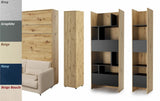 A stylish Oak Artisan double vertical wall bed with integrated sofa and 3 matching storage units, shown with sofa colour samples.