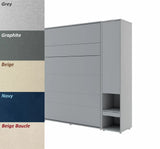 Contemporary grey double vertical wall bed and tall side wardrobes, paired with a display of 5 sofa fabric options from graphite to beige boucle.