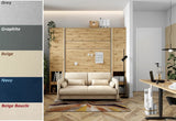 Full oak artisan double vertical wall bed with flanking storage cabinets, shown with a sofa fabric selection palette.