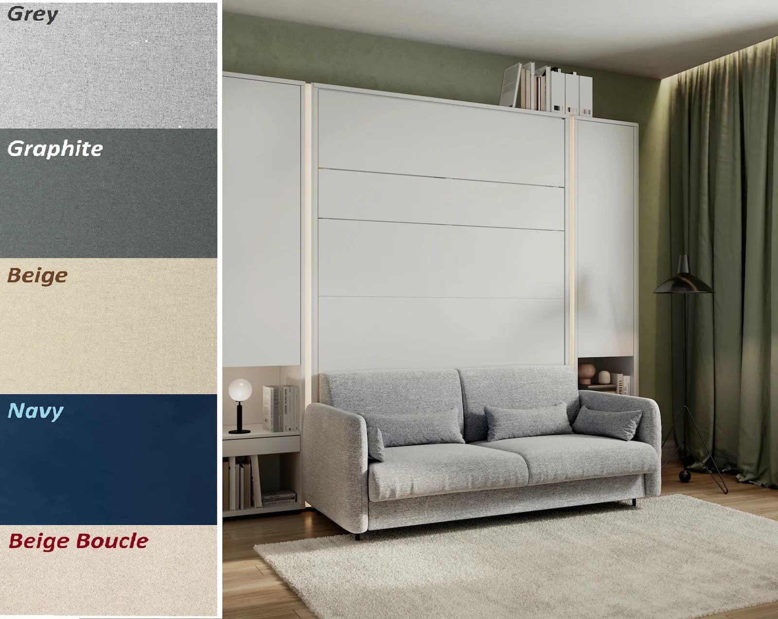White matt double vertical wall bed with storage cabinets, shown closed behind a customizable sofa fabric palette including grey, graphite, navy, and beige boucle.