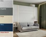 White matt double vertical wall bed with storage cabinets, shown closed behind a customizable sofa fabric palette including grey, graphite, navy, and beige boucle.