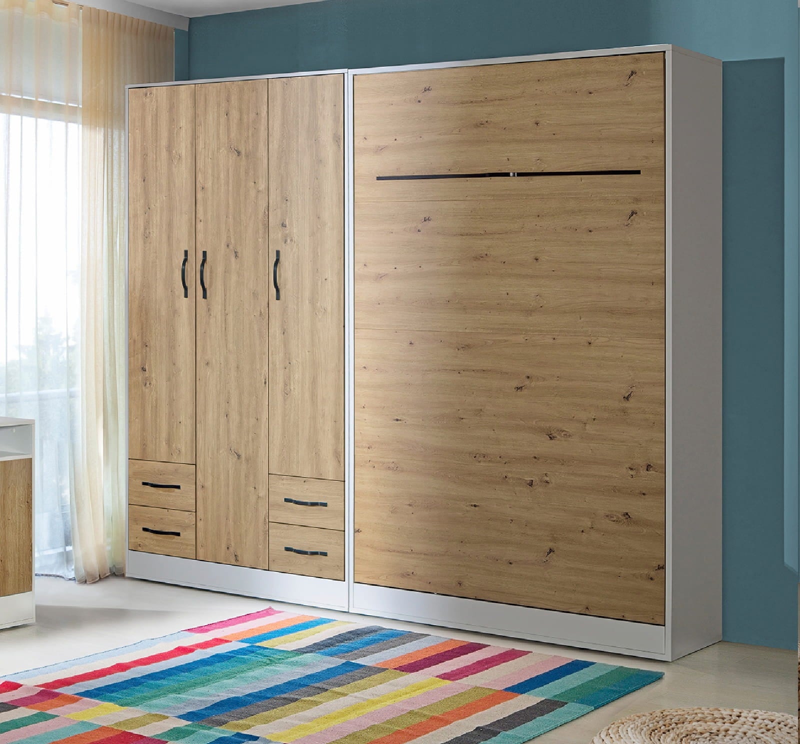 Modern wall bed combo set, closed oak bed (oak) with black handles, and an oak 3-door wardrobe structure, angled perspective.