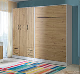Modern wall bed combo set, closed oak bed (oak) with black handles, and an oak 3-door wardrobe structure, angled perspective.