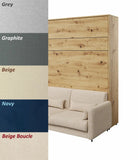 Natural oak artisan king size vertical wall bed wood sample presented with a palette of 5 complementary fabric colors for the integrated sofa.