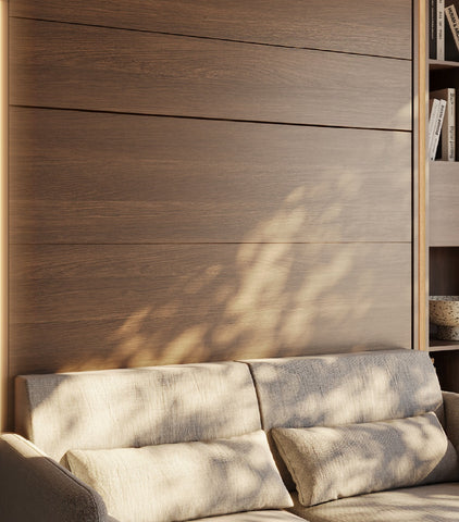 Closed vertical king size wall bed with sofa in Oak Dunin 