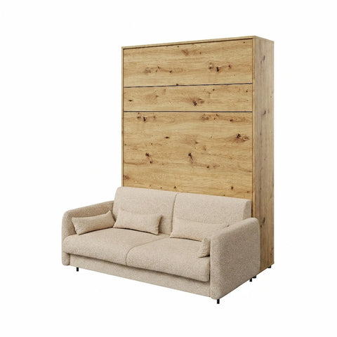 King size vertical wall bed in Oak Artisan with Beige Boucle upholstered sofa – modern space-saving Murphy bed by Marmell Furniture