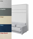 White matt king size vertical wall bed frame displayed alongside a palette of 5 premium fabric color samples for the upholstered sofa.