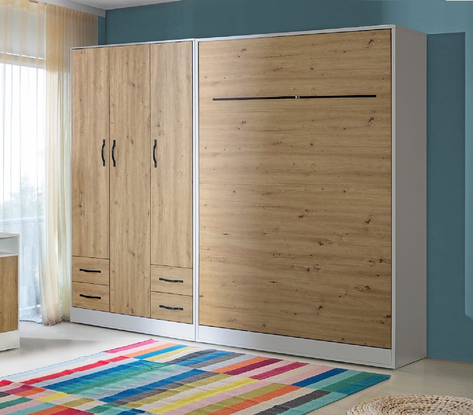 A contemporary dual-tone King Size vertical wall bed with a white carcass and oak front panels, featuring contrasting black metal handles, shown closed.