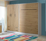 A contemporary dual-tone King Size vertical wall bed with a white carcass and oak front panels, featuring contrasting black metal handles, shown closed.