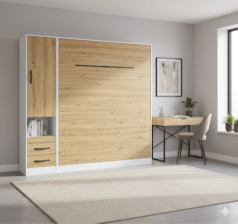 King size wall bed with side cabinet – oak finish, black metal handles, space-saving design