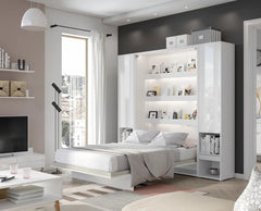 Double vertical Murphy bed in White Gloss finish, open view with integrated shelves and side storage units with drawer