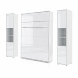 High gloss white vertical wall bed, double size, with side storage wardrobes, shown closed. Minimalist space-saving furniture for UK homes.