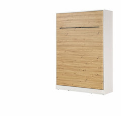 Double vertical wall bed with white outer frame and oak finish front, accented by modern black metal handles, shown closed.