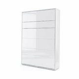 High gloss white vertical wall bed, double size, closed. Minimalist space-saving solution for studio apartments and guest rooms.
