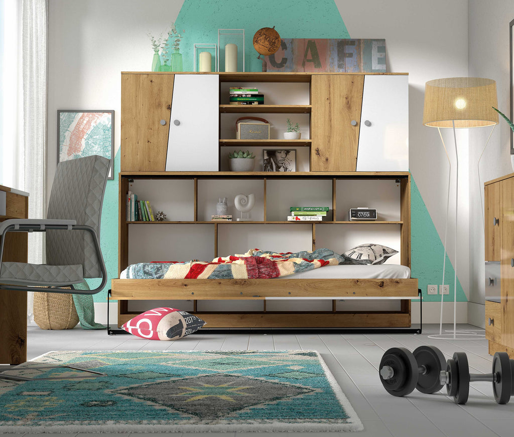 Wall bed with overbed cabinet – single size, horizontal fold, oak-white colour scheme