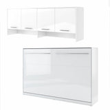 Luxury white gloss horizontal folding bed in small double size with a matching overhead storage cabinet, closed view