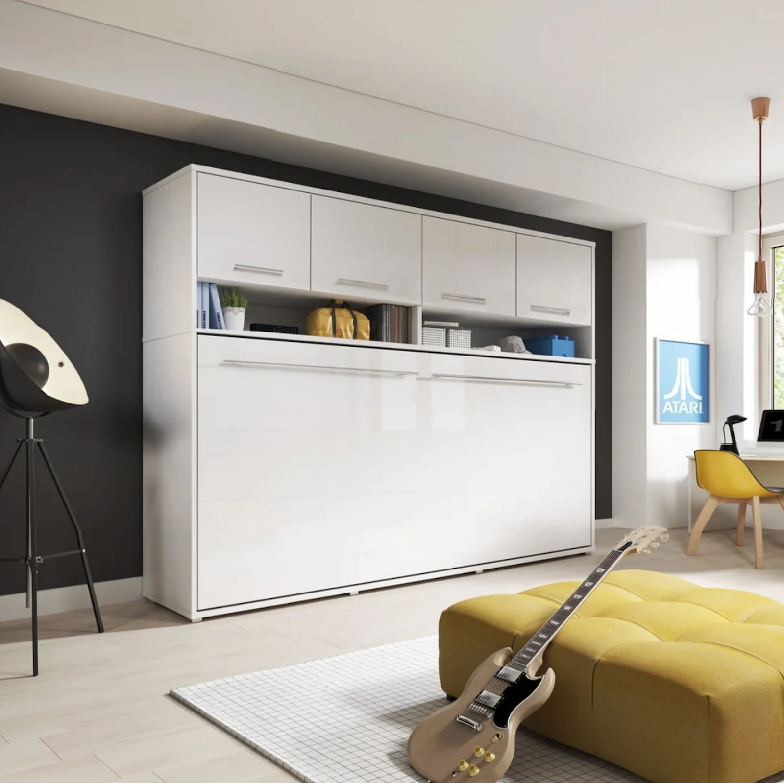 Closed small double horizontal wall bed in white matt finish with an integrated top storage cabinet for extra bedroom space