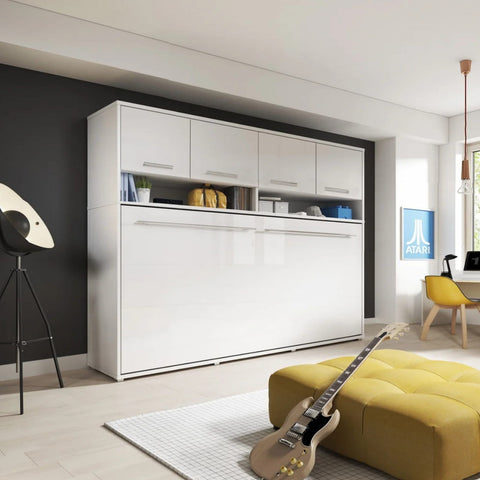 Closed small double horizontal wall bed in white matt finish with an integrated top storage cabinet for extra bedroom space