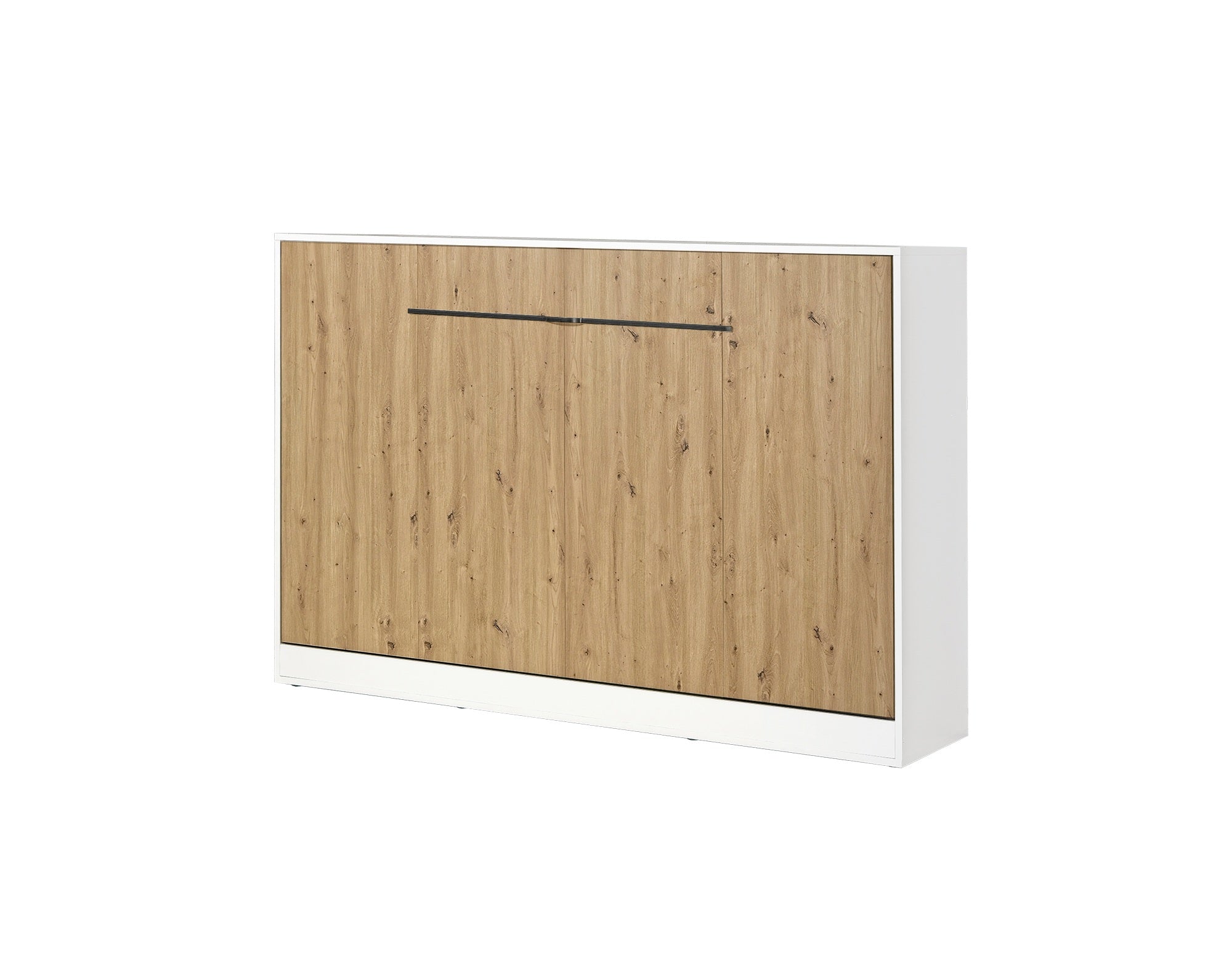 Small double horizontal wall bed – oak finish, black metal handles, compact design