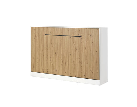 Small double horizontal wall bed – oak finish, black metal handles, compact design