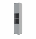 Tall wall bed side cabinet in modern Grey finish with push-to-open doors fully closed and open central shelving.