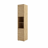 Tall wall bed side cabinet in warm Oak Artisan finish featuring push-to-open cupboard doors and open middle shelves.