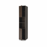 Open tall side cabinet in Oak Dunin showing upper cupboard, open central shelves, and lower cabinet storage.