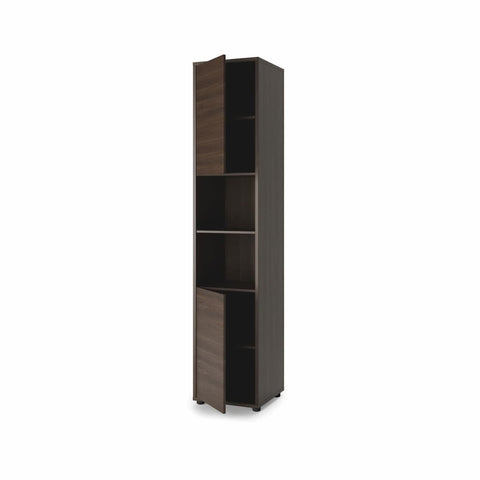 Open tall side cabinet in Oak Dunin showing upper cupboard, open central shelves, and lower cabinet storage.