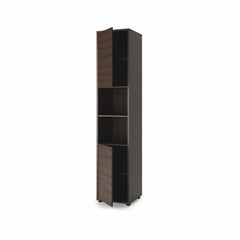 Open tall side cabinet in Oak Dunin showing upper cupboard, open central shelves, and lower cabinet storage.
