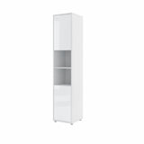Tall wall bed side cabinet in high-gloss White finish with push-to-open doors closed and open central shelving.